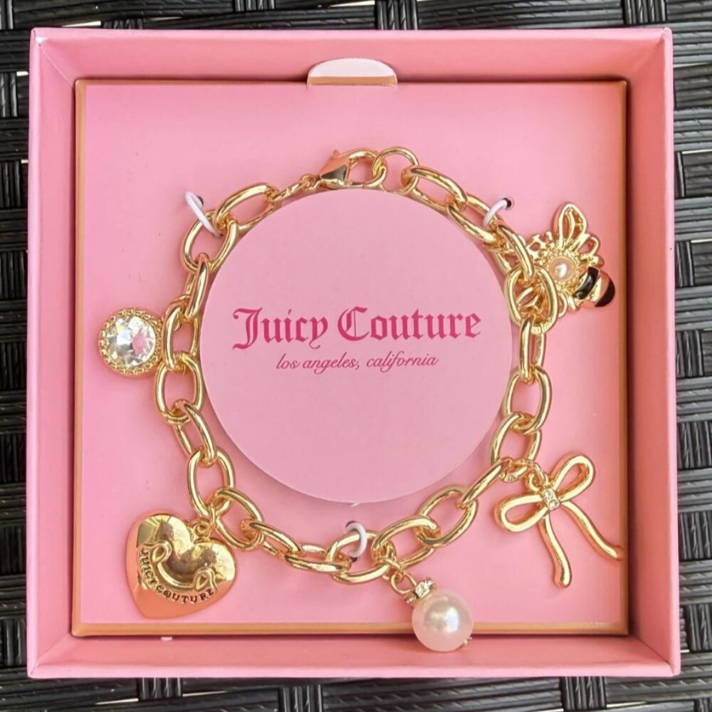 Juicy Couture Gold Charm Bracelet Heart Bow Bee Pearl Crystal NIB - Picture 2 of 8
